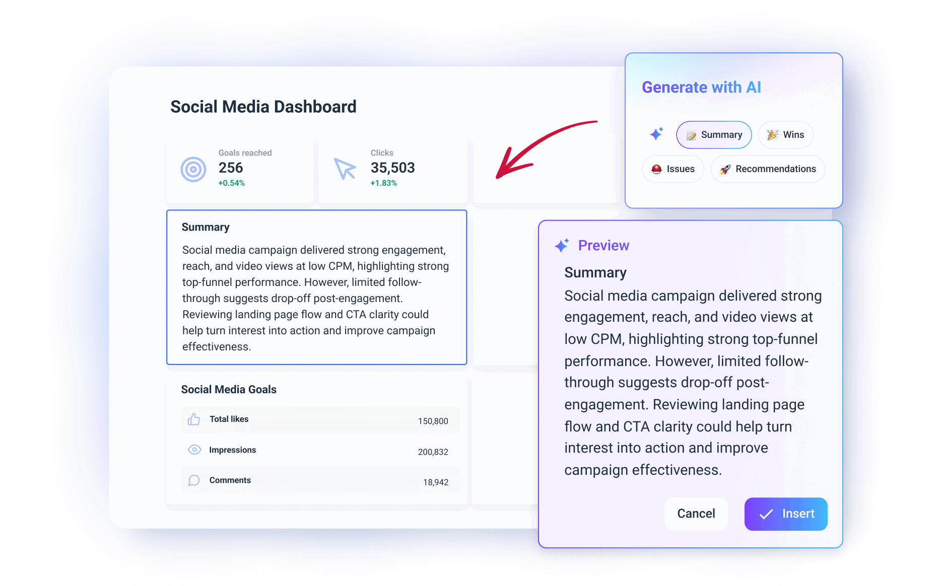 AI Summary - A social media dashboard with AI-generated summary preview.