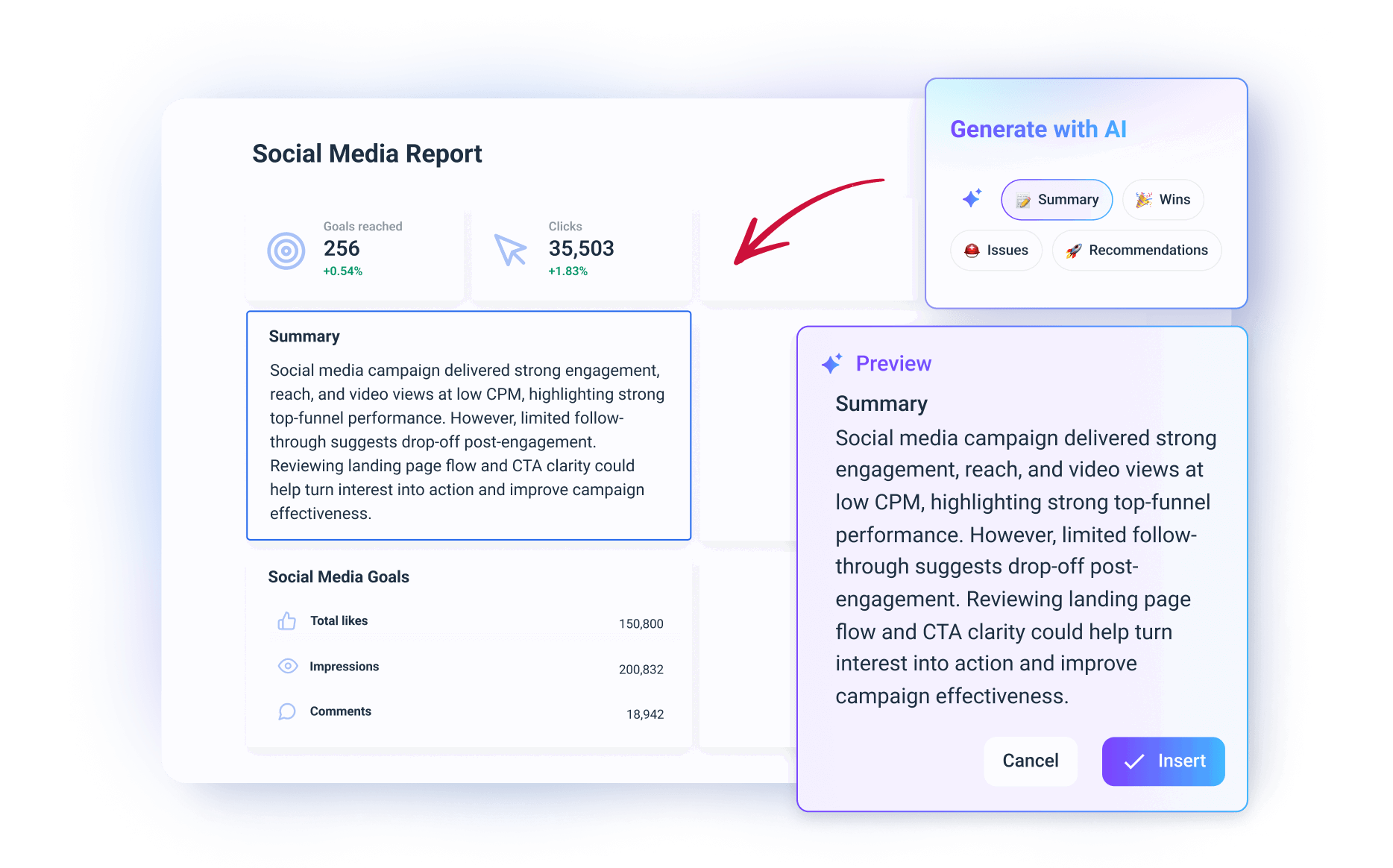 AI Summary - Dashboard interface with social media report and AI summary preview