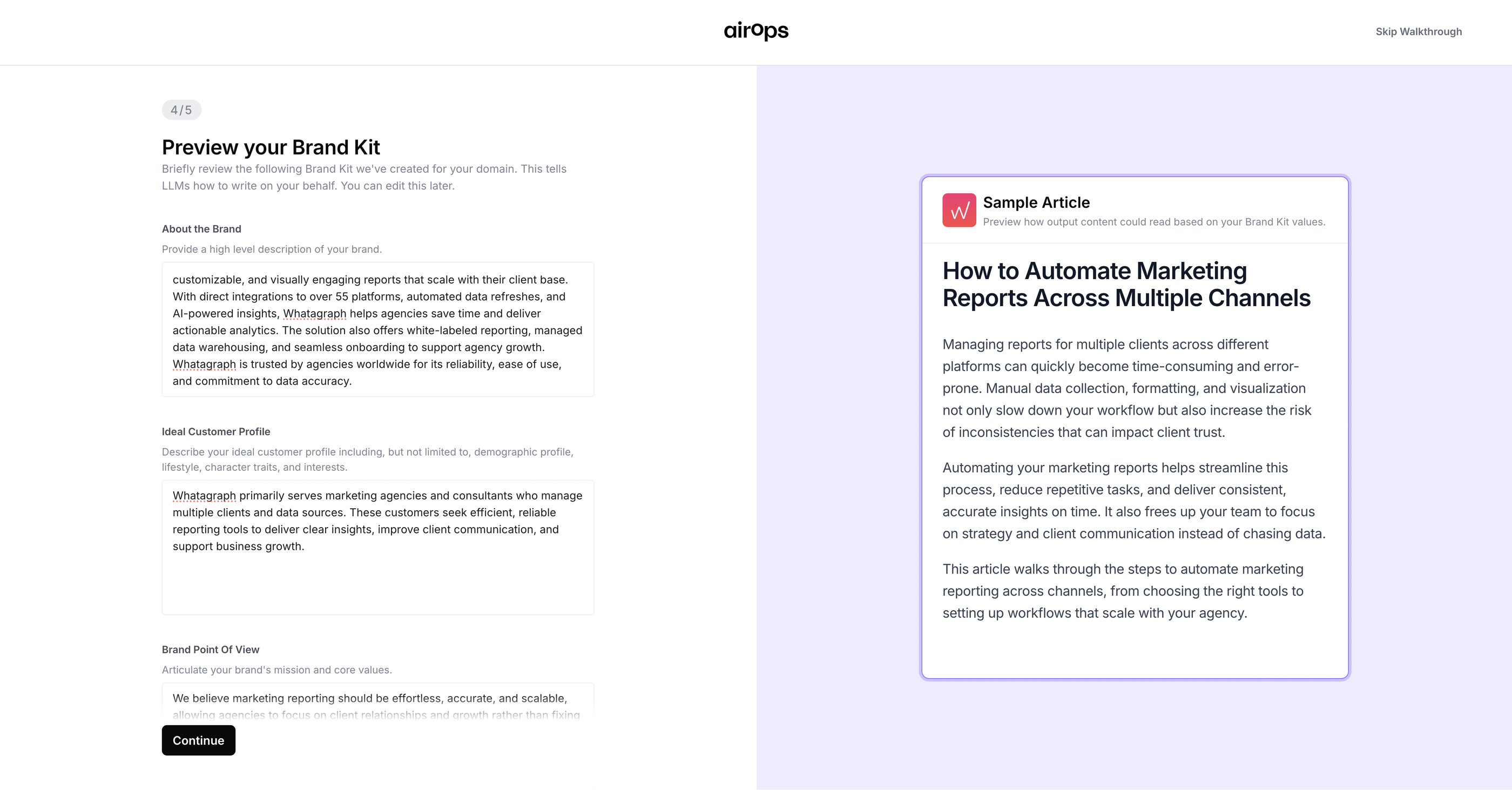 AirOps Brand Kit - Two-panel layout showing a brand kit and sample article.