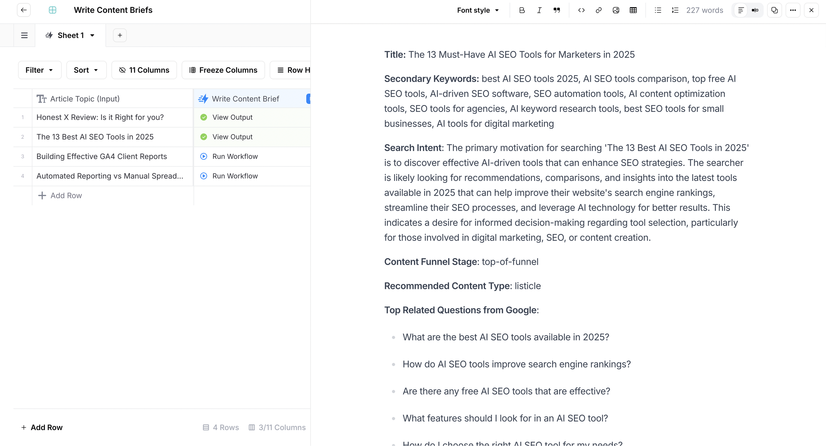 AirOps Content Brief Example - Content brief interface with document, keywords, and search intent.