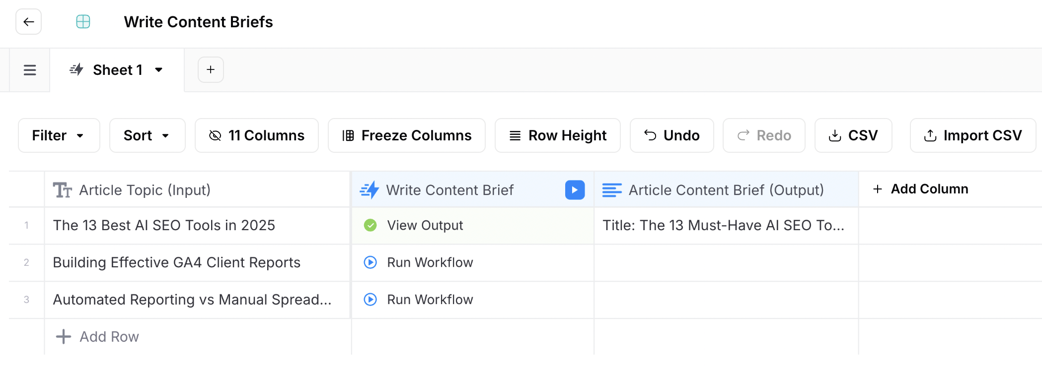 AirOps Content Brief Spreadsheet - A table displaying article topics and content brief statuses.
