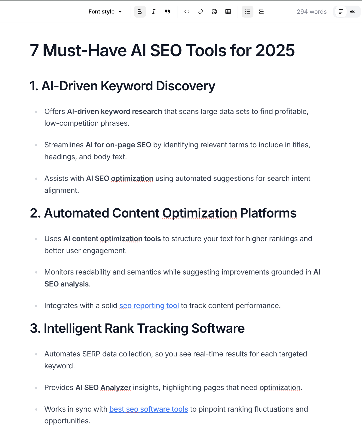 Air Ops Content Outline - Text describing AI SEO tools and their features.