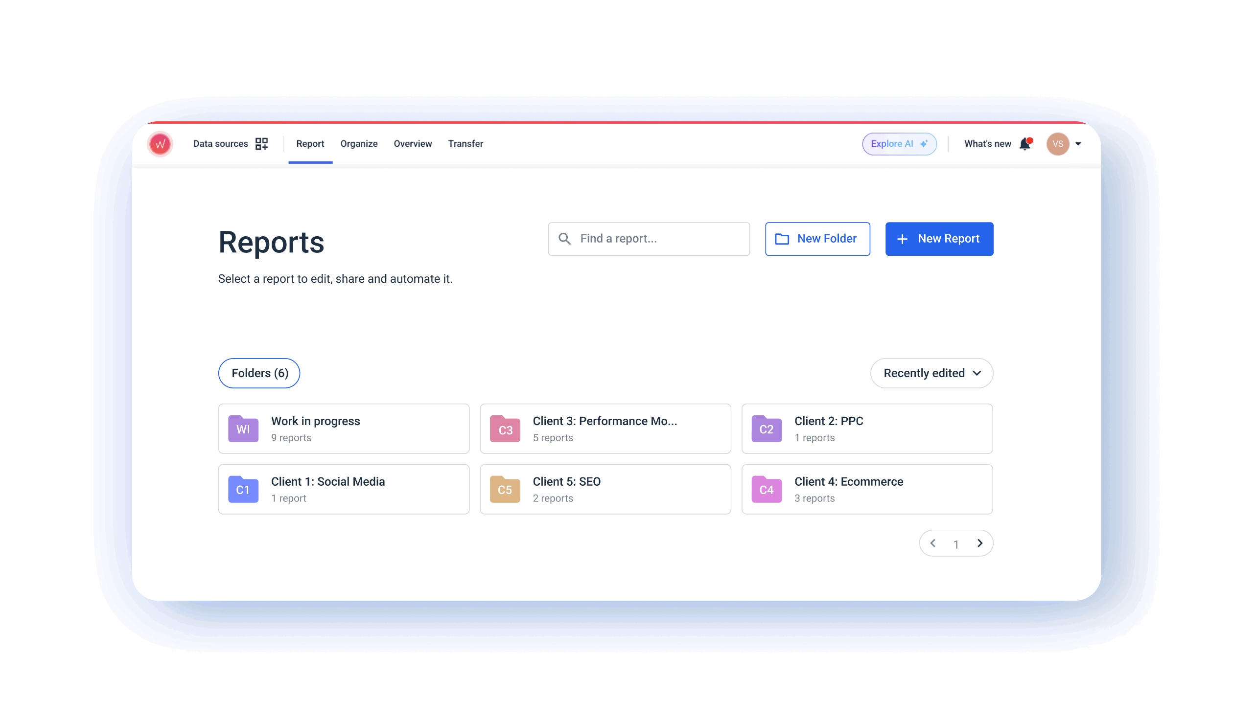 Ampilio Report Folders - A user interface displaying a list of folders labeled with client information.