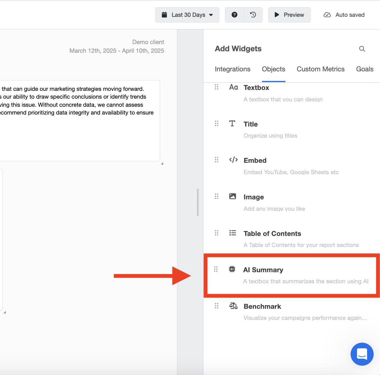Basic Ai Summary - Add widgets panel with AI summary textbox highlighted