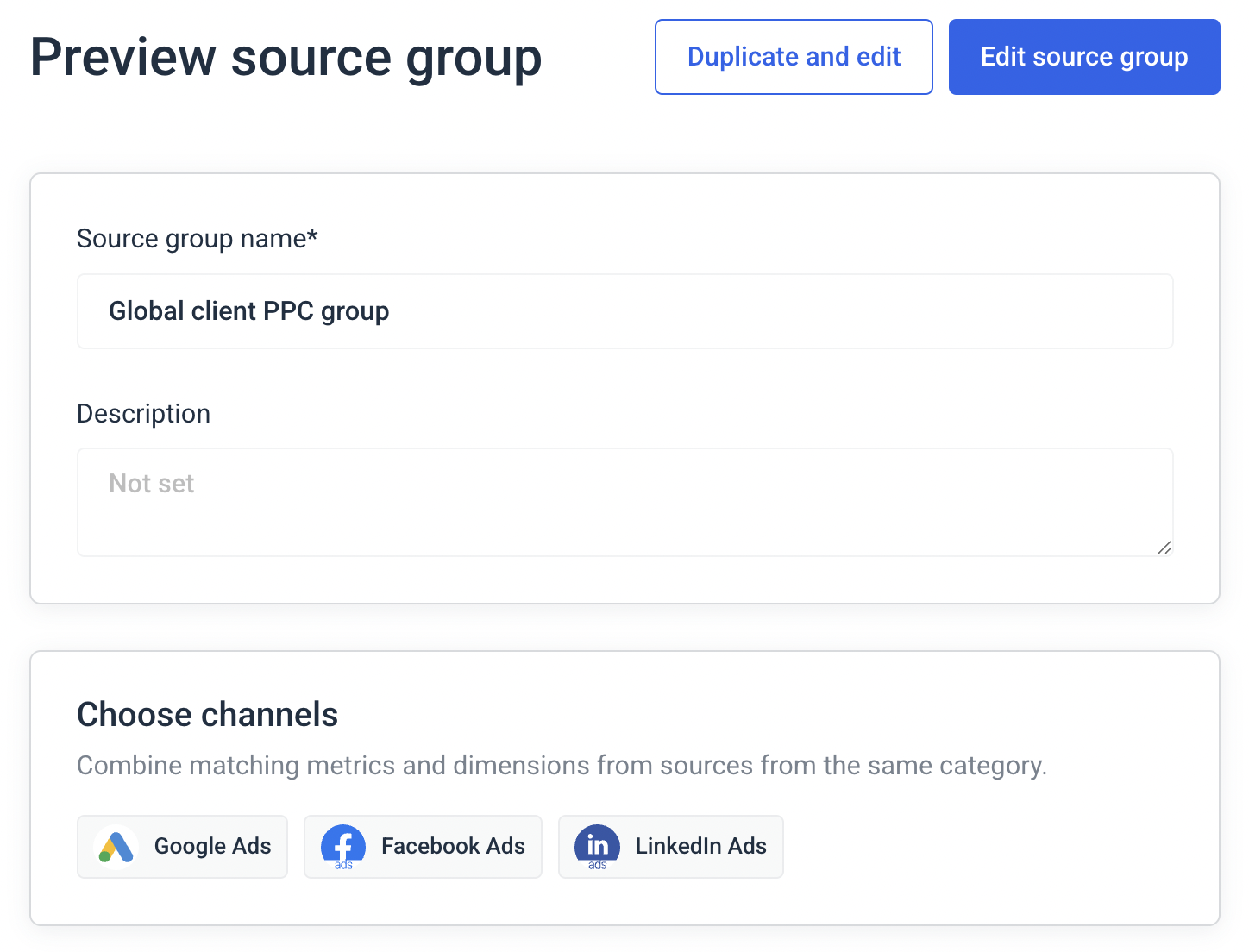 Blended Source Group - Source group configuration with options for Google, Facebook, and LinkedIn Ads.