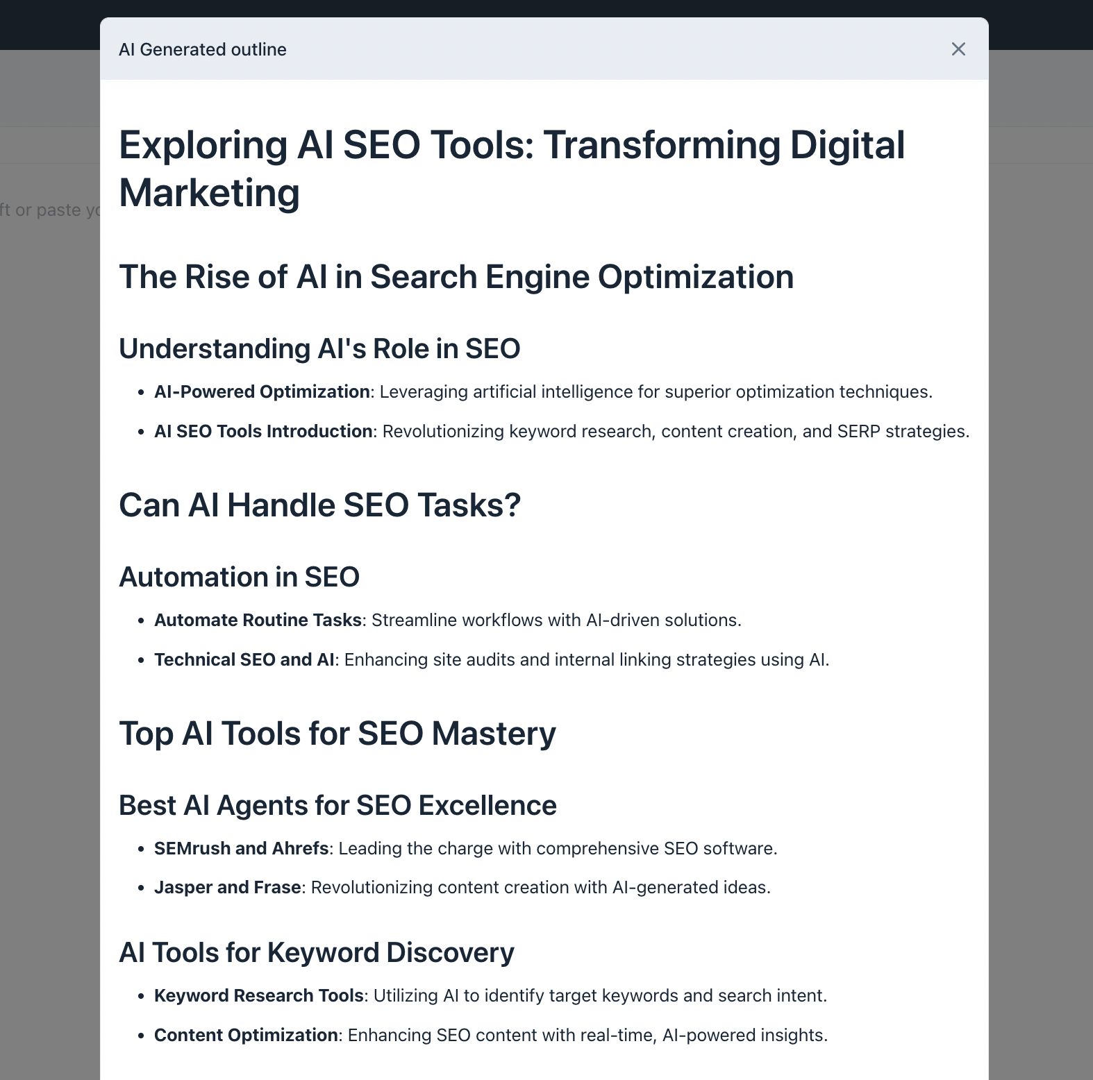 Clearscope AI Generated Outline - A digitally displayed outline on AI SEO tools and strategies.