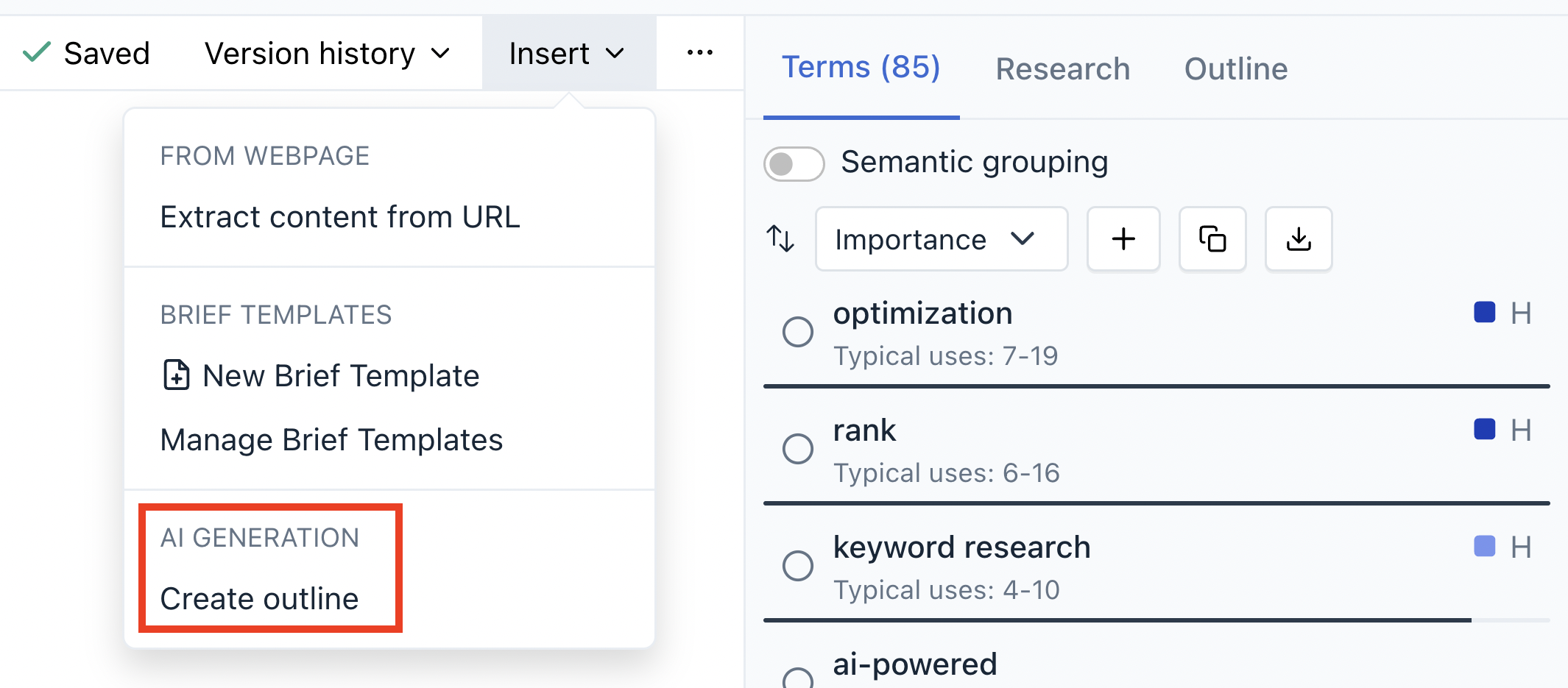 Clearscope AI Outline - Screenshot of the Clearscope 