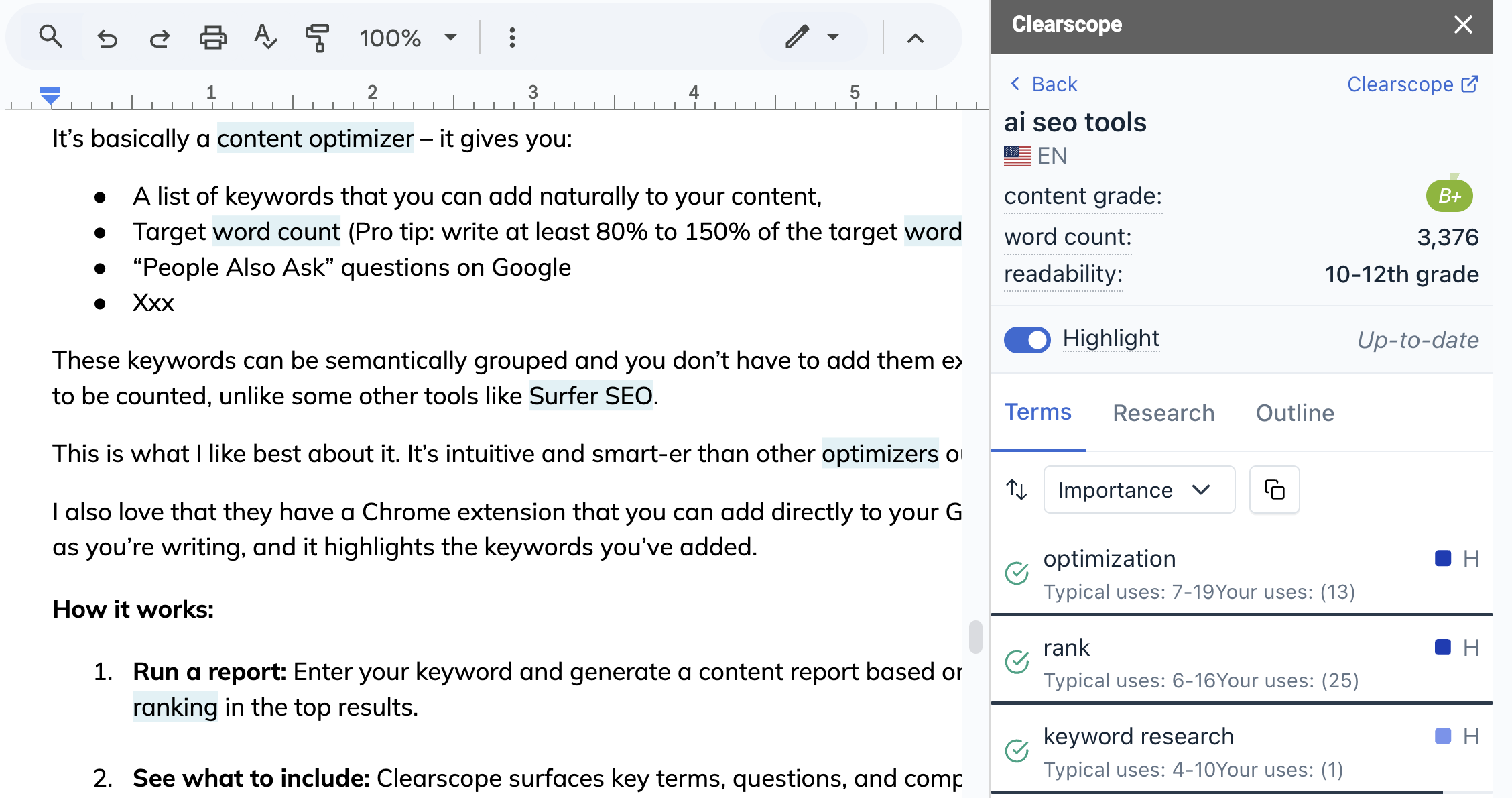 Clearscope Keyword Optimization - A document with highlighted keywords next to Cleascope AI SEO tools panel.
