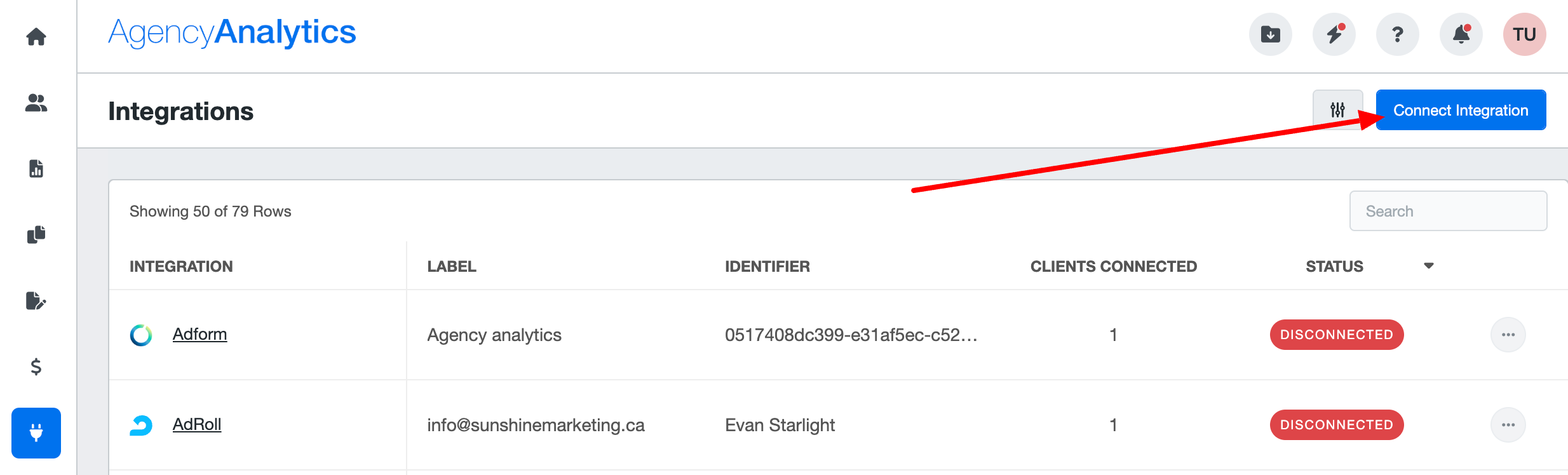 Client Level Integrations - A dashboard displaying integration status with 
