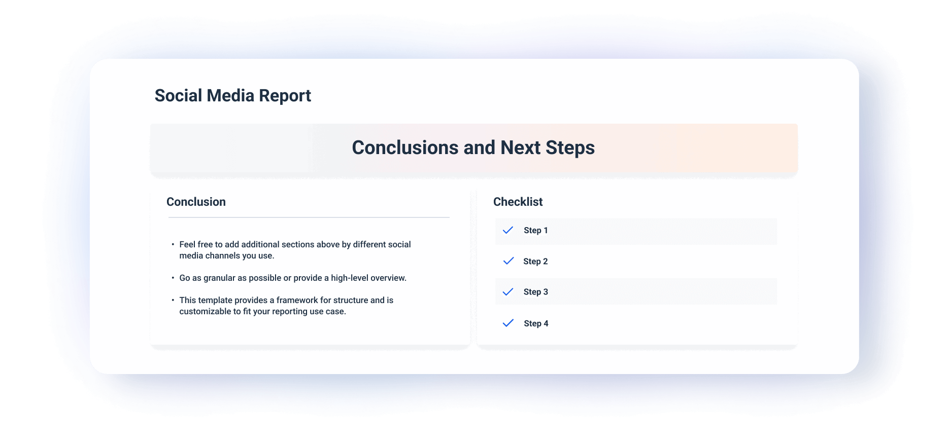 Conclusions And Next Steps - Social media report template with conclusion and checklist sections.