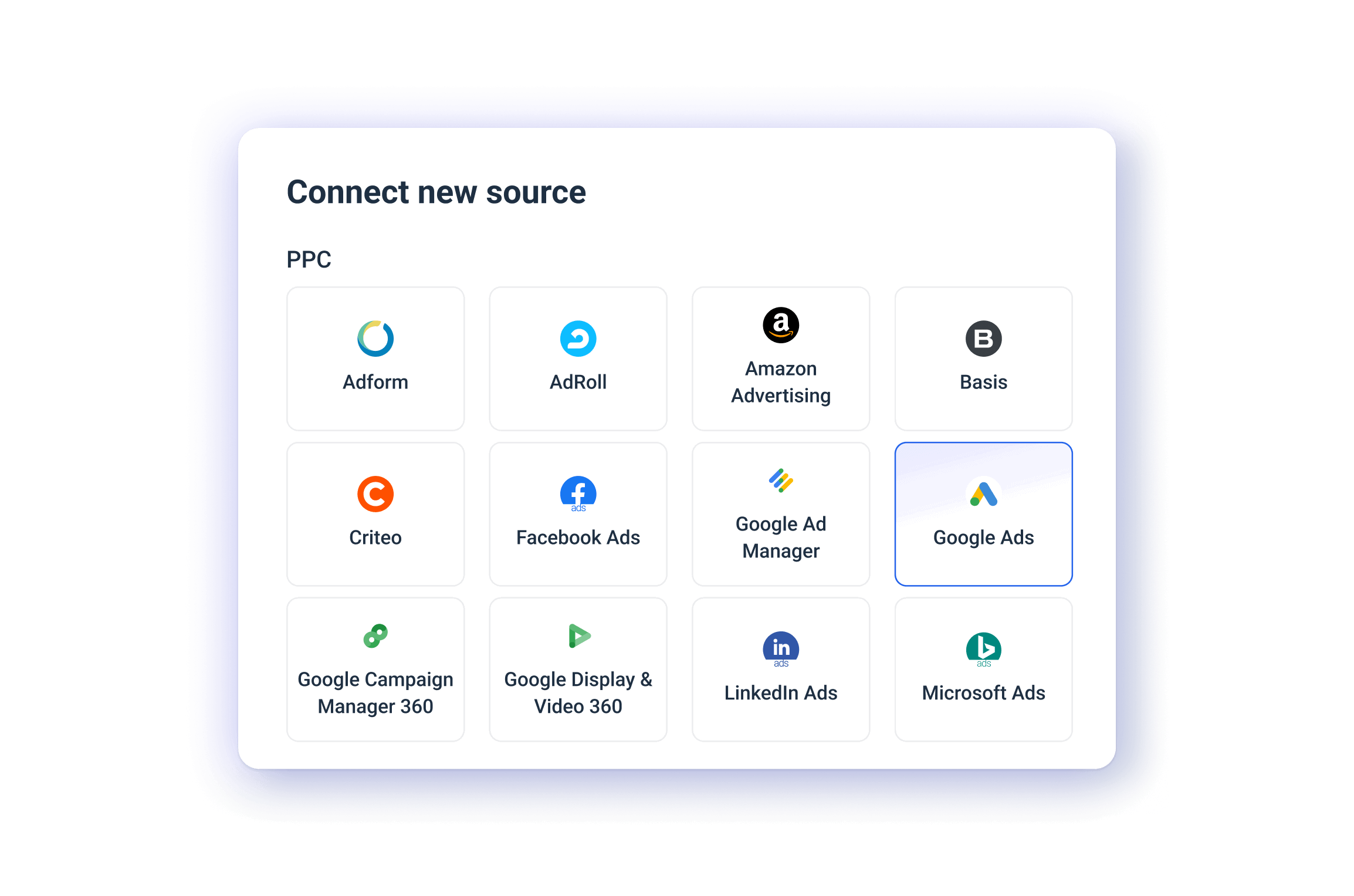 Connect Google Ads - Interface showing PPC ad platforms: Adform, AdRoll, Amazon, Basis, etc.