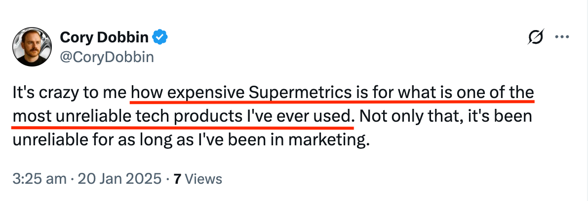 Cory Dobbin X Comment - Screenshot of a tweet from Cory Dobbin criticizing Supermetrics.