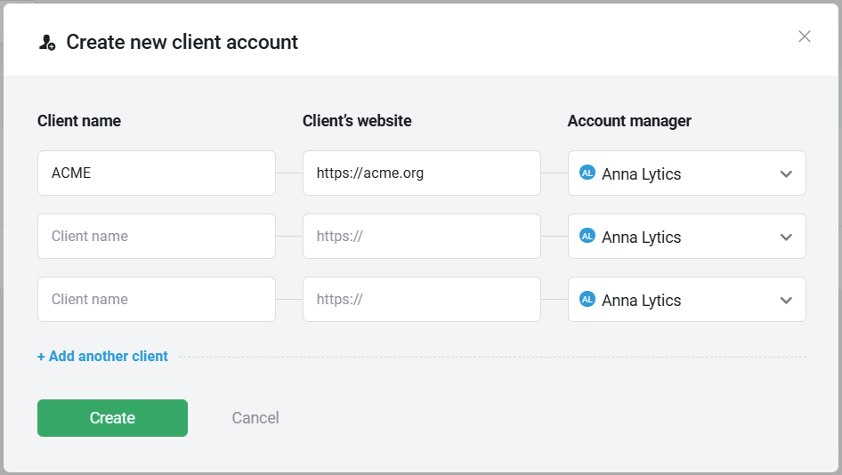 Create Client Account - Dialog box with client name, website, and account manager fields.