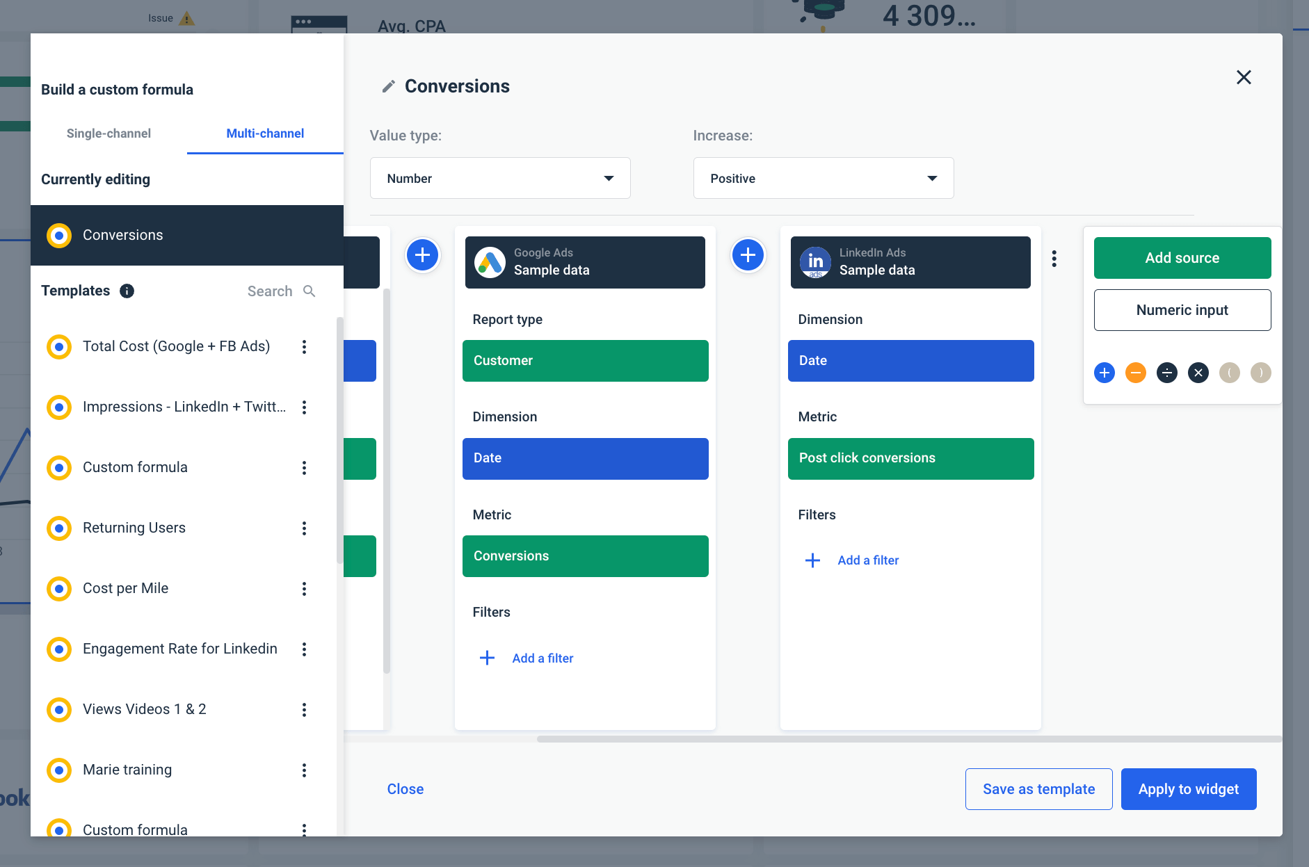 Custom formulas in Whatagraph
