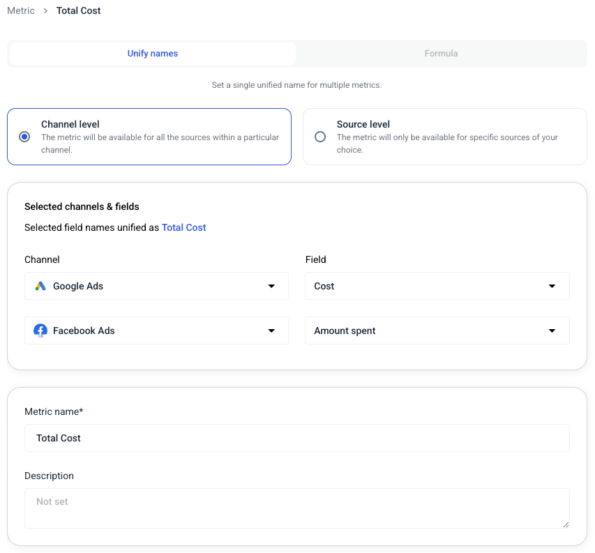 Custom Metrics On Whatagraph - Configuration interface for metric unification setup.