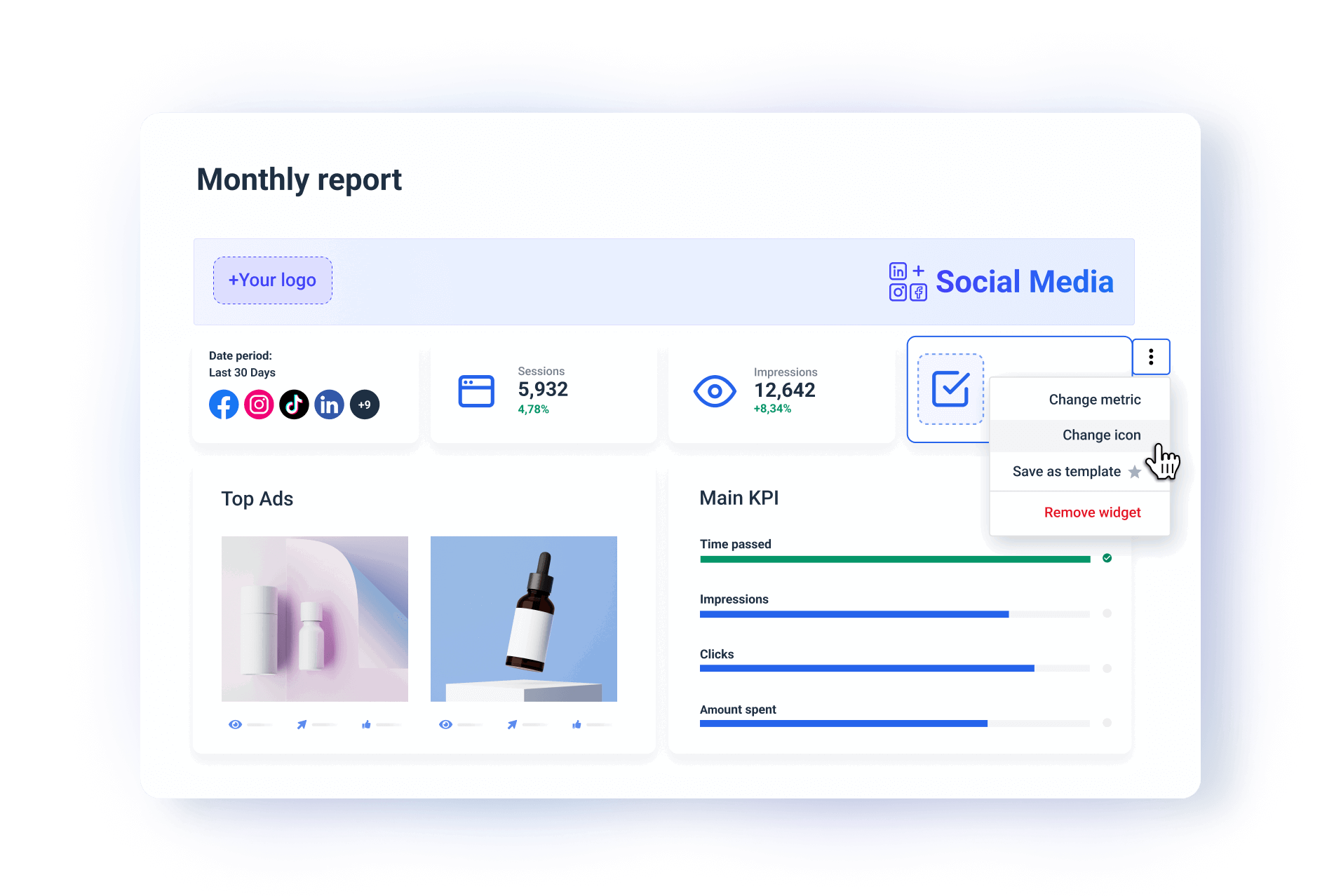 Custom Report - Dashboard with charts, data, and branding for a social media report.