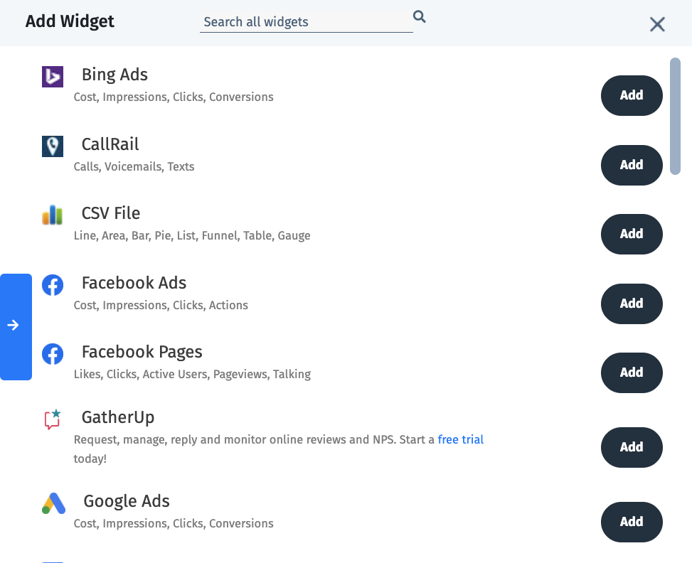 Cyfe Add Widget Tab - The 