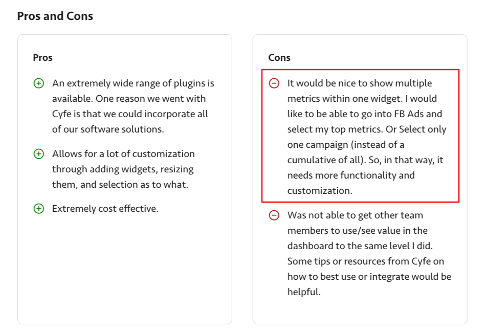 Cyfe Comment - A pros and cons list with a red box around a negative comment.