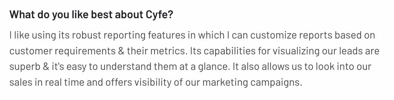 Cyfe Comment - A user review about Cyfe's customizable reporting features.
