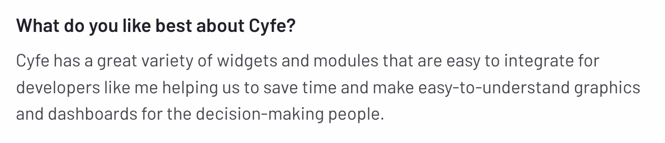 Cyfe Comment - Text block with a question and user feedback.