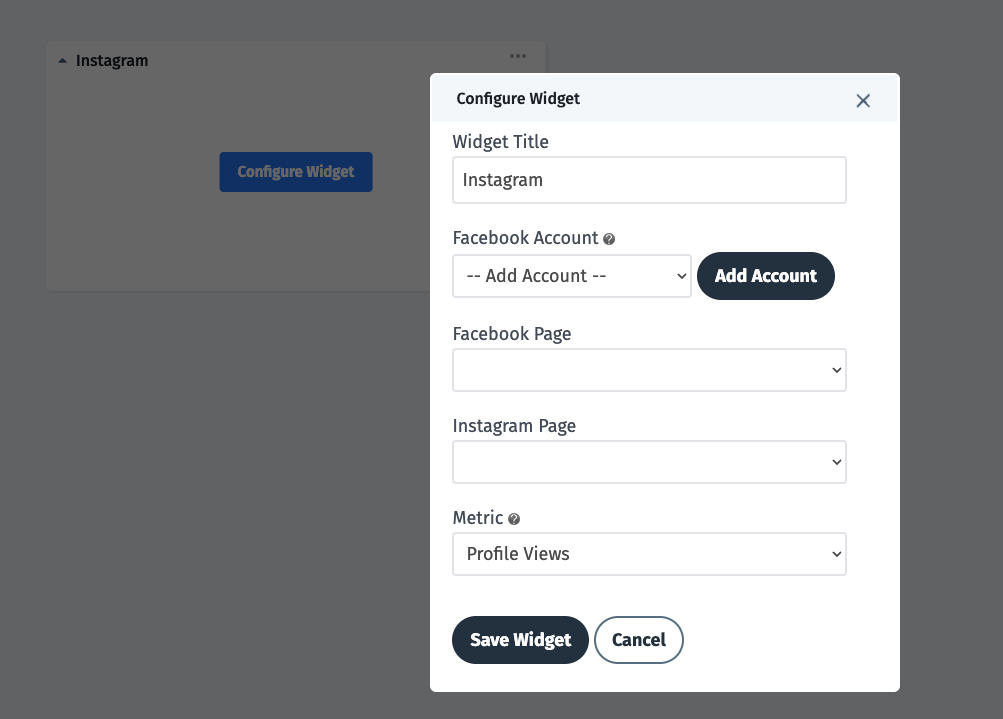Cyfe Configure A Widget - A configuration window for an Instagram widget.
