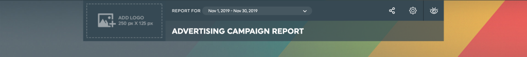 DashThis Customization - Advertising dashboard header with logo and date range selection.
