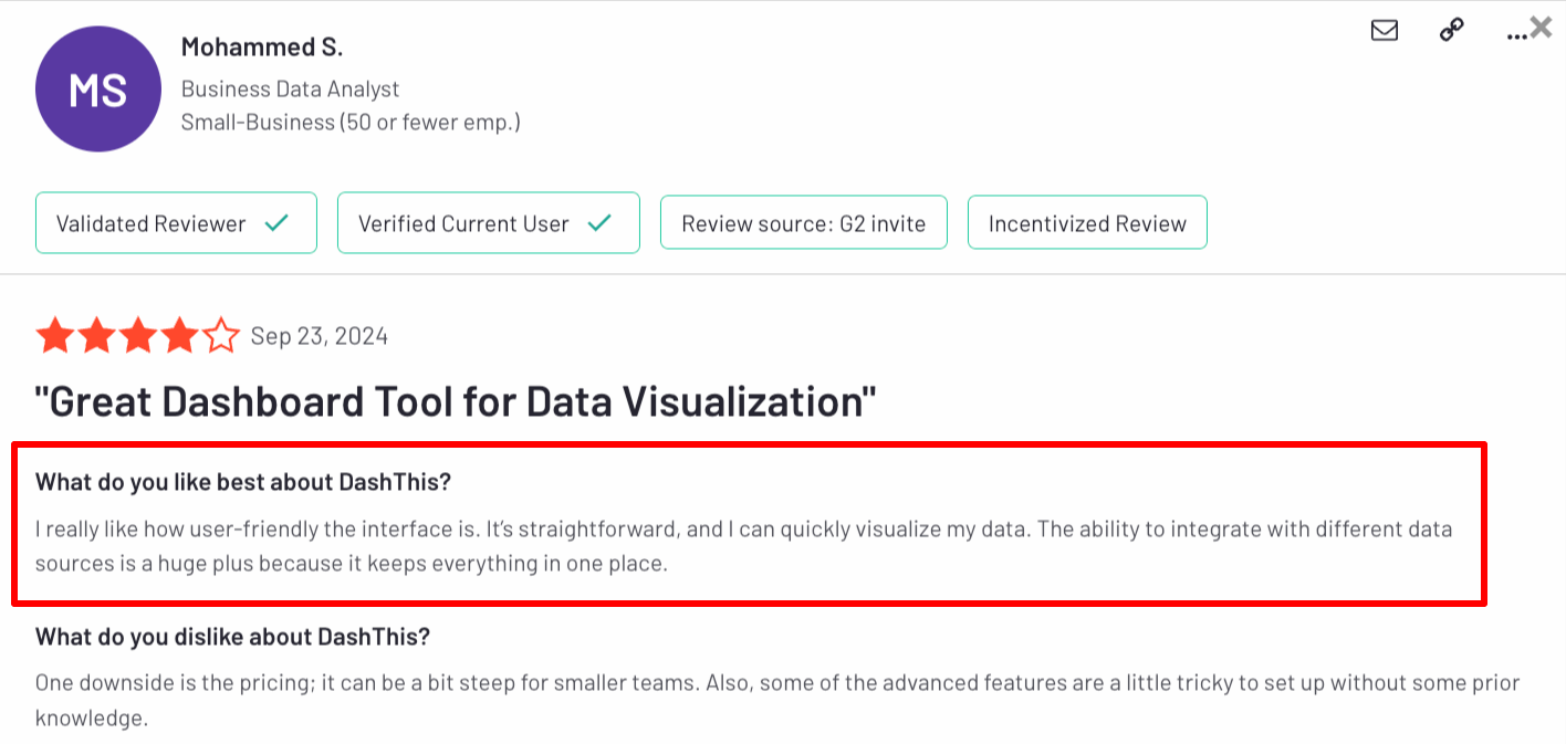 DashThis Pro - Customer review on DashThis, highlighting user interface and integration capabilities.