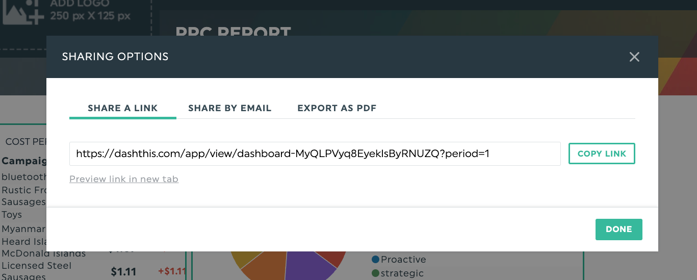 DashThis Reports And Dashboards - A sharing options pop-up. Features include sharing a link, sharing by email, and exporting as PDF.