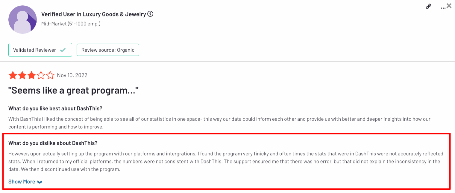 Dashthis Con - Review excerpt with red border: 