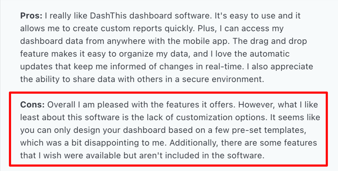 Dashthis Con - Text block with user review pros and cons, 