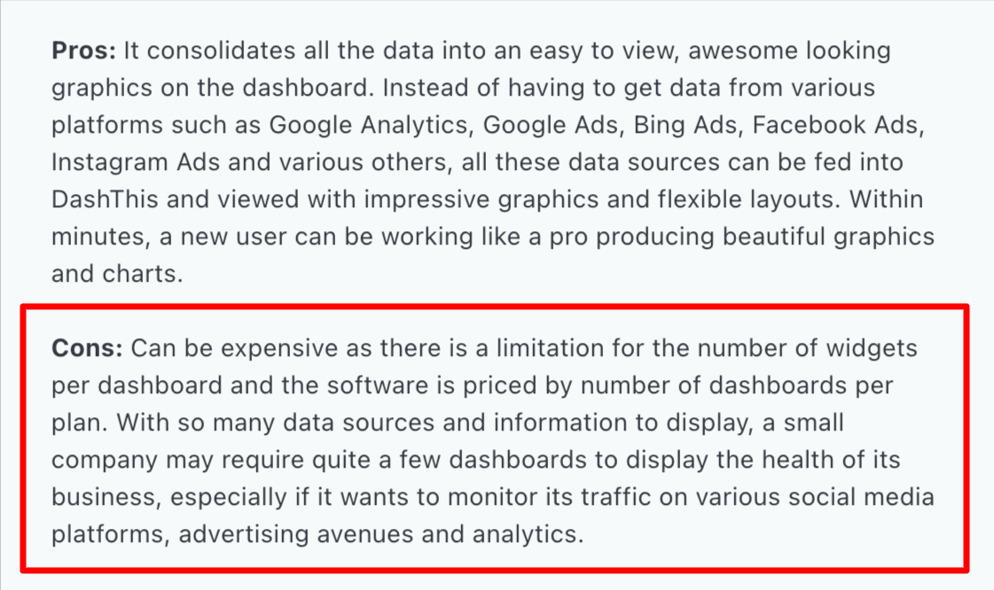 Dashthis Con - Text listing the cons of DashThis, enclosed in a red border.
