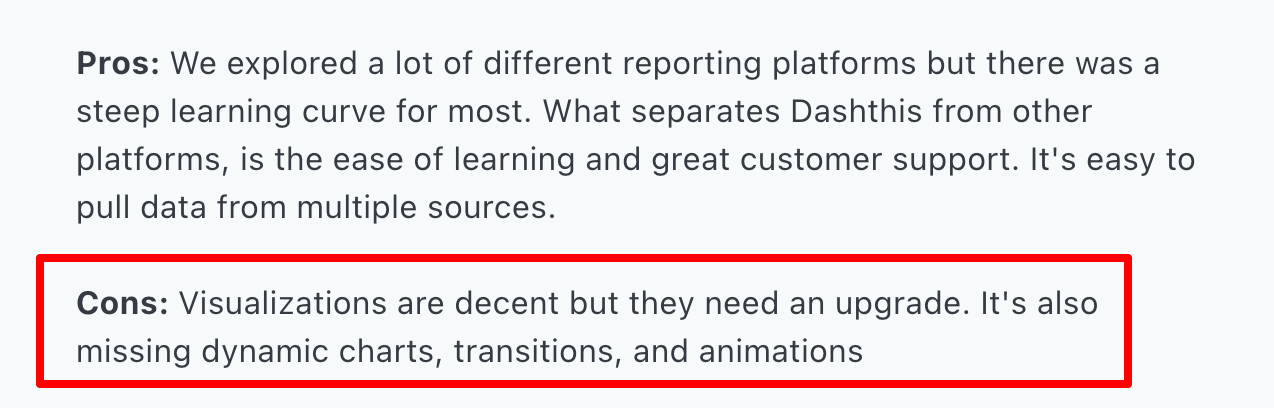 Dashthis Con - Text excerpt in bullet points about cons of platform visualizations.