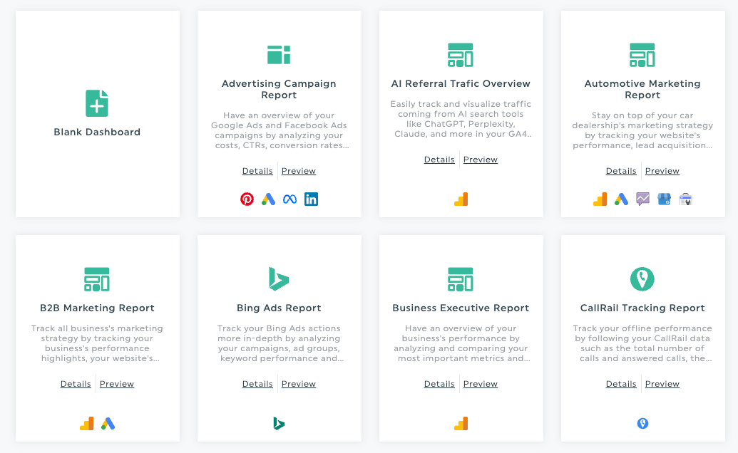 Dashthis ease of use - Dashboard templates showcasing various marketing report types.