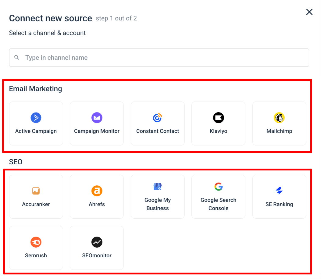Dashthis Integrations - A dashboard of integration options for email marketing and SEO tools.