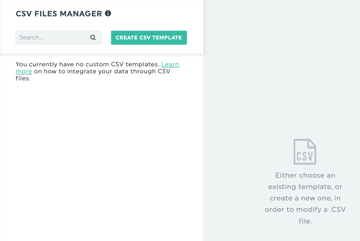 Dashthis Integrations - Empty CSV files manager screen with a CSV icon.