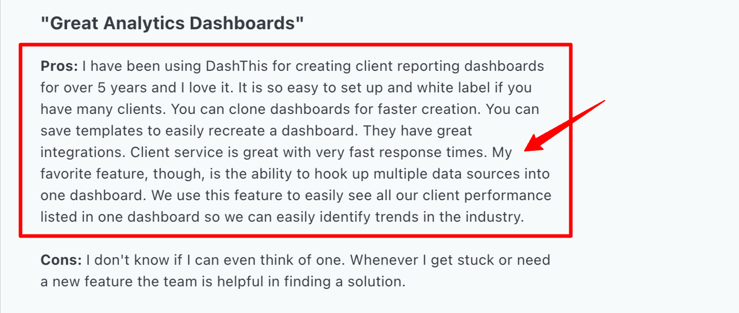 Dashthis Pro - Customer review highlighting the pros of using the dashboard.