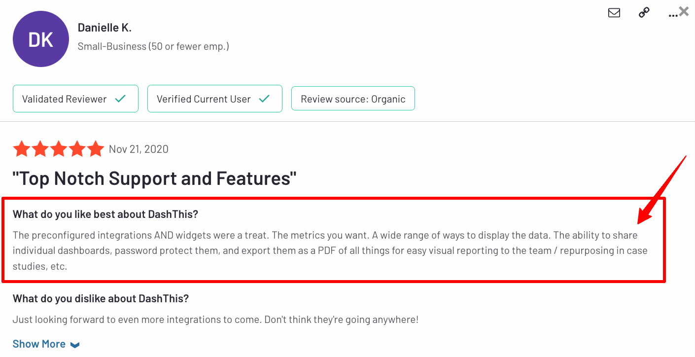 Dashthis Pro - Customer review highlighting integration features and dashboard sharing capabilities