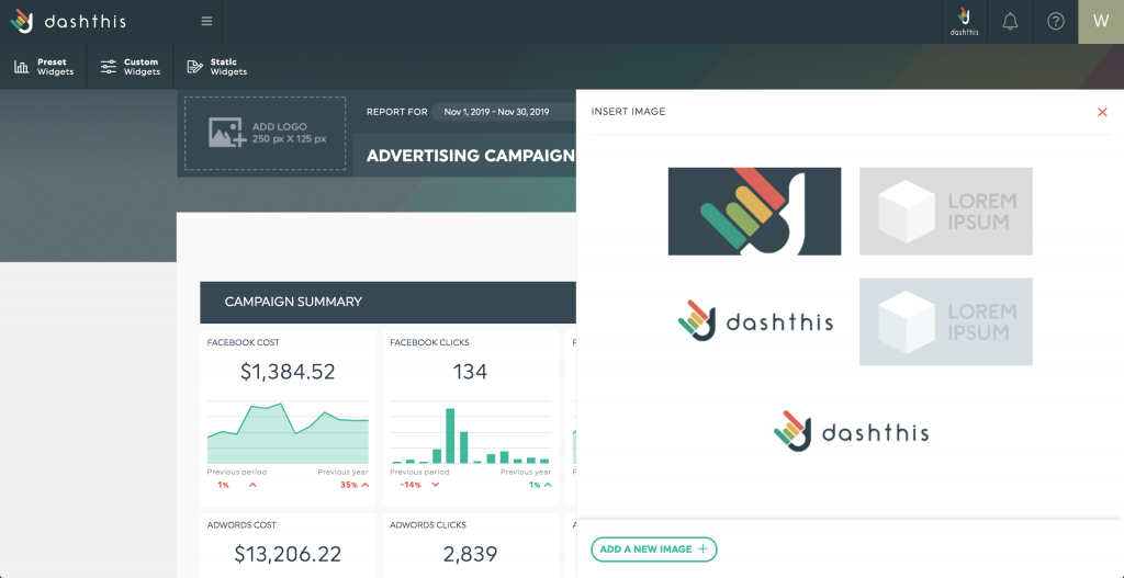 Dashthis Whitelabel - Dashboard interface with campaign performance and logo selection panel.