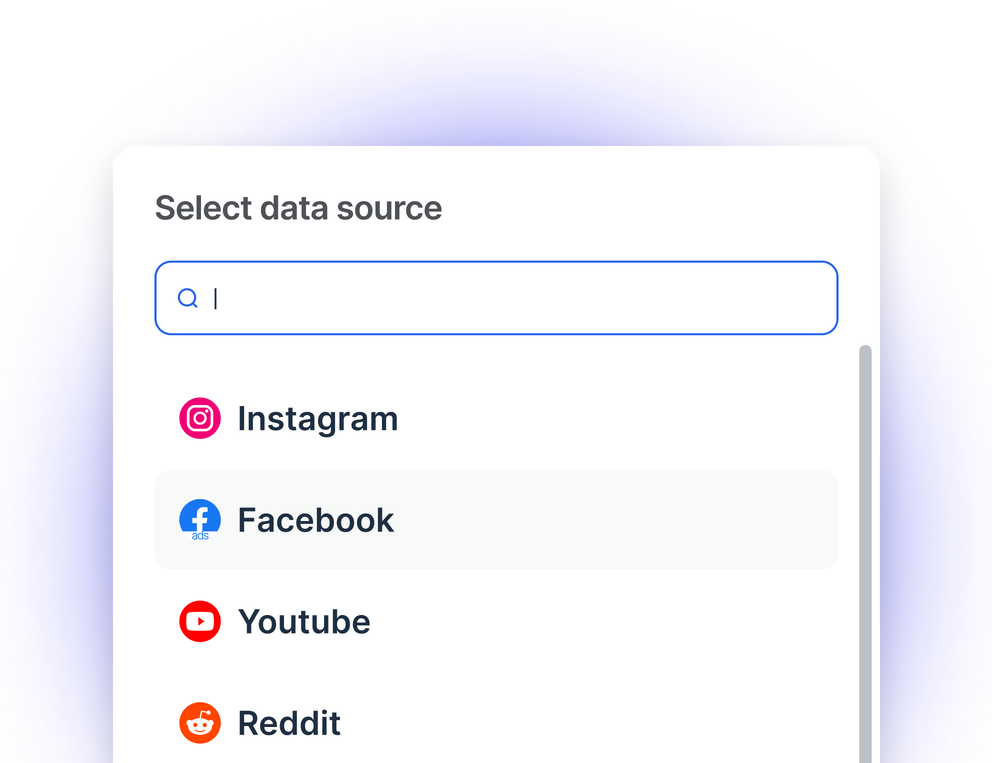 Data - Selection window showing Instagram, Facebook, Youtube, and Reddit icons.