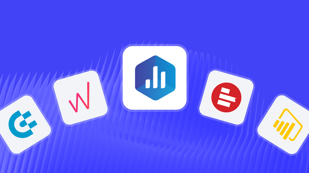 Databox Alternatives And Competitors - Five app icons against a wavy blue background.