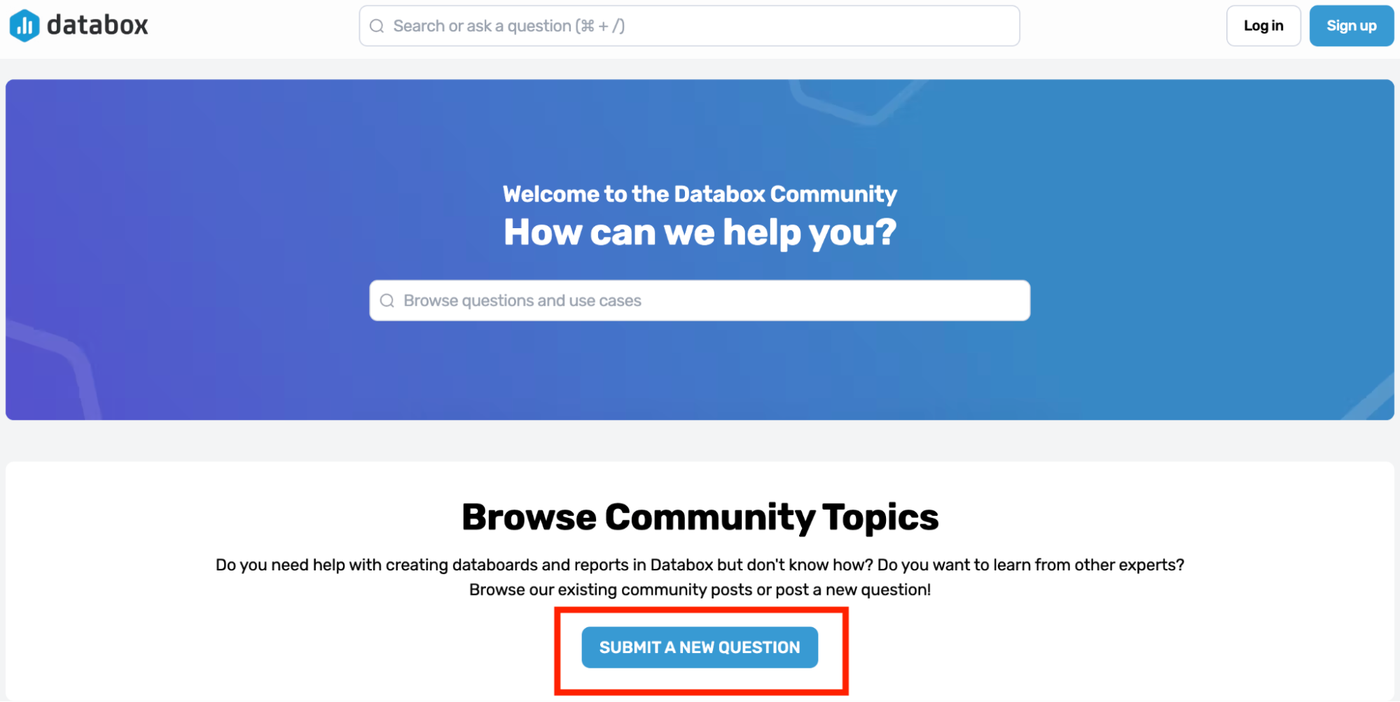 Databoox Community - Databox community page with a search bar and a button labeled 