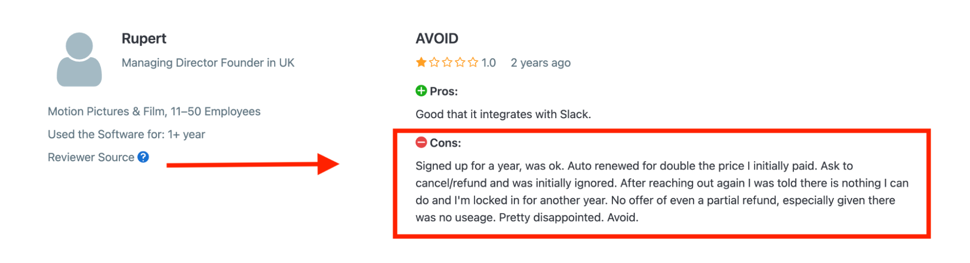 Datambox Con - Review with red box highlighting negative feedback on auto-renewal costs.