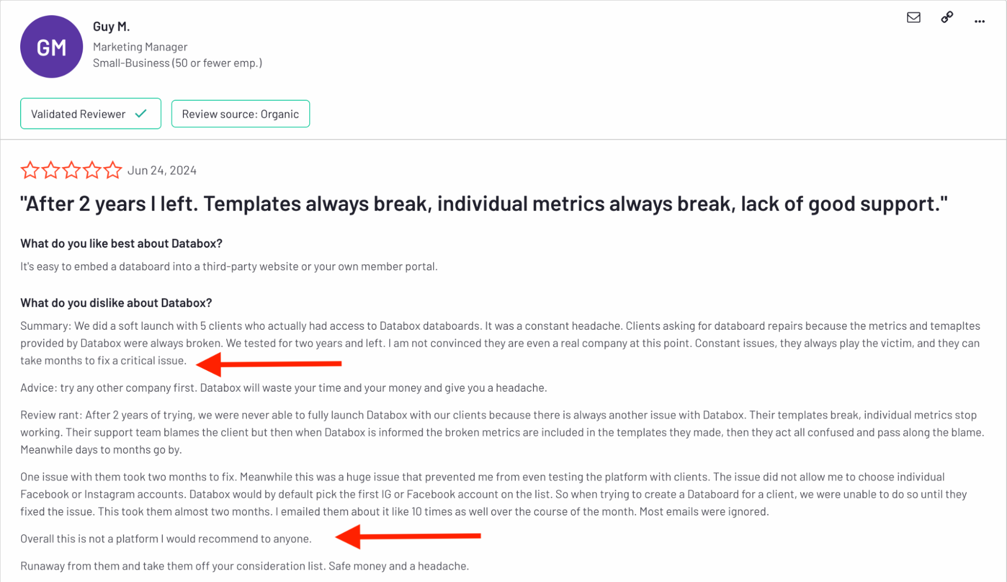 Datadox Con - Screenshot of a negative review with the user's name and description.