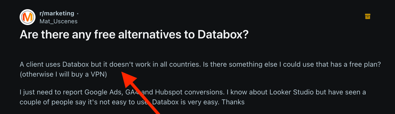 Databox Doesn T Work In All Countries - A Reddit post asking for alternatives to Databox.