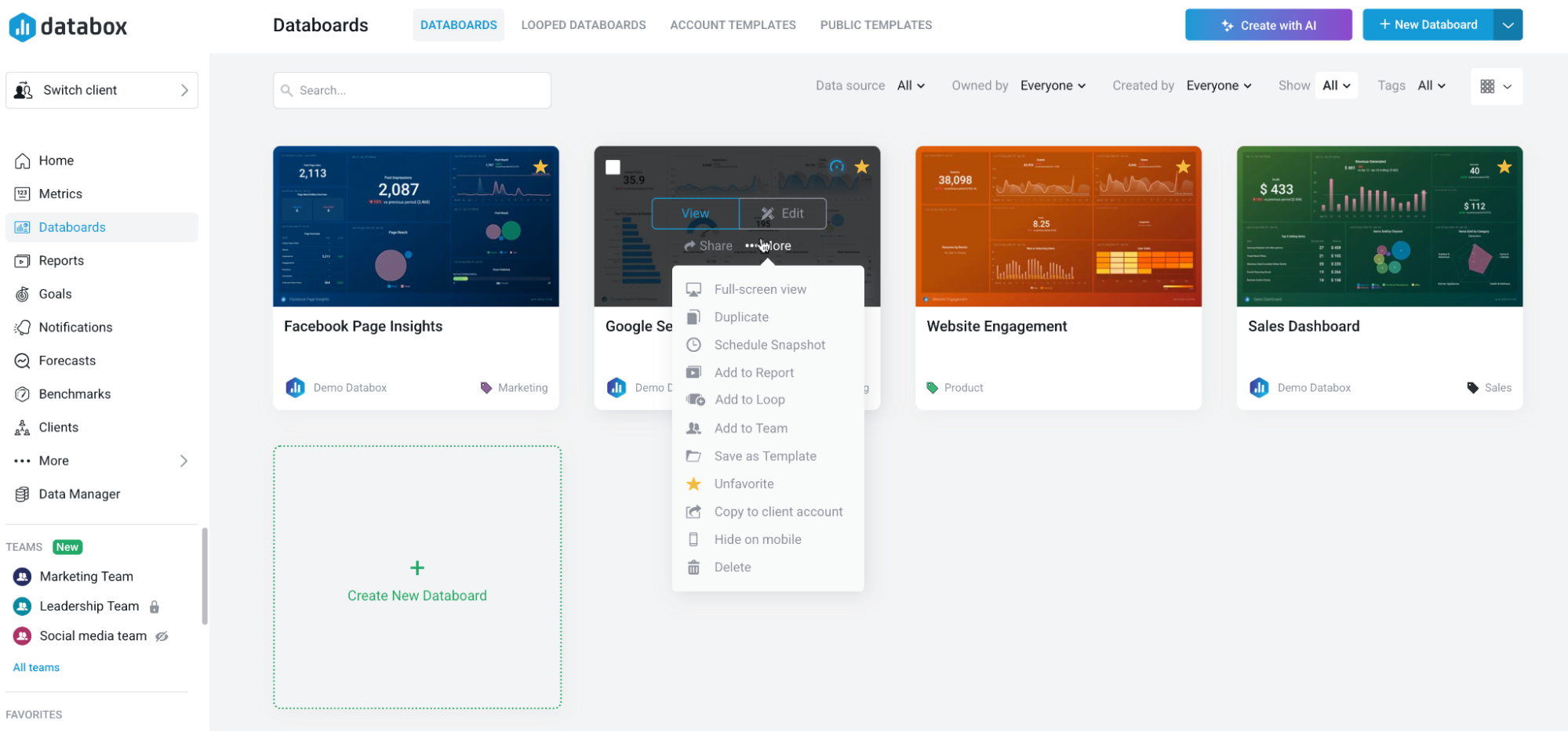 Databox Home - Databoards interface with charts, data, and user options.