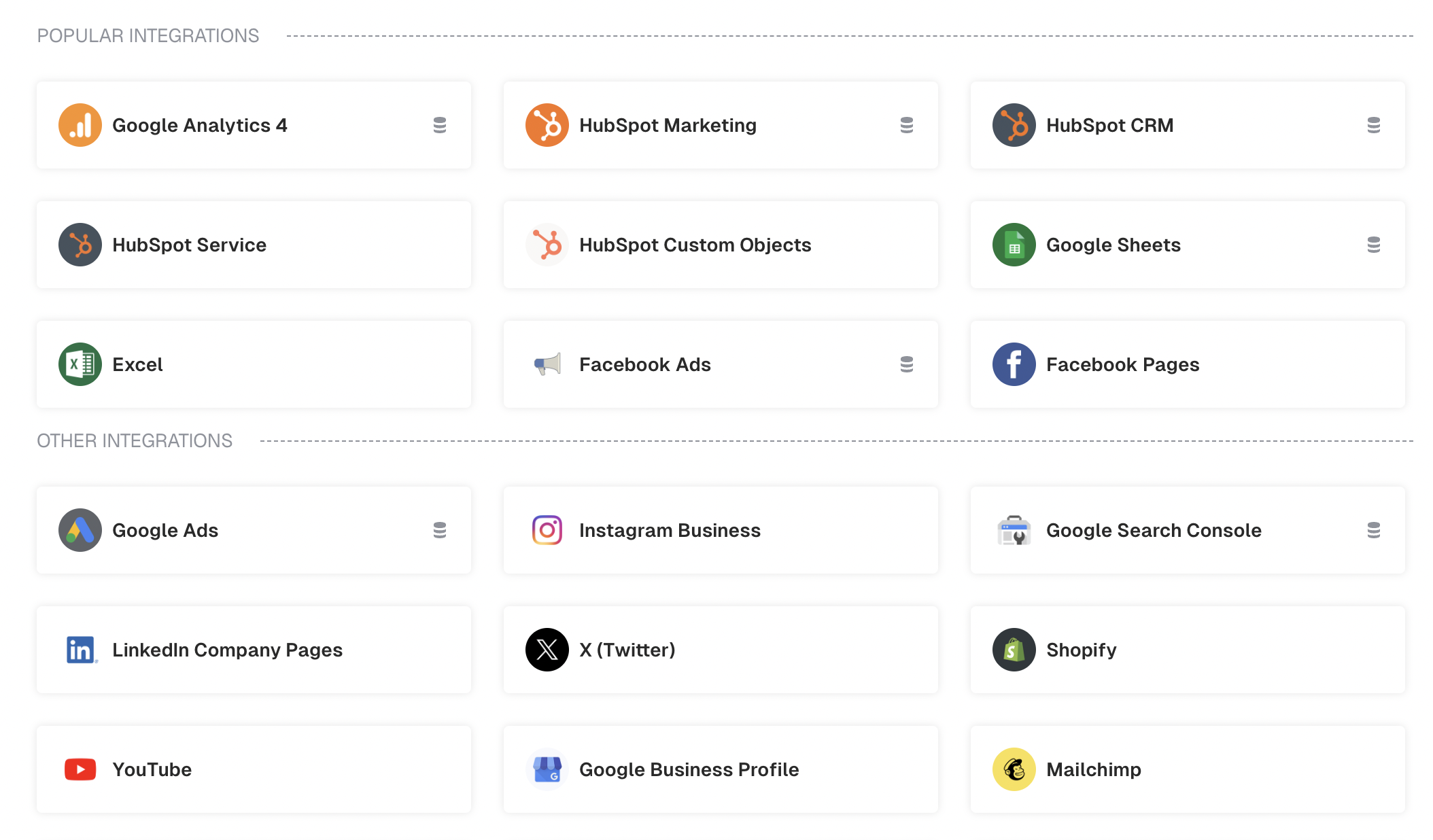 Databox integrations - Integrations grid showing popular marketing and analytics tools.