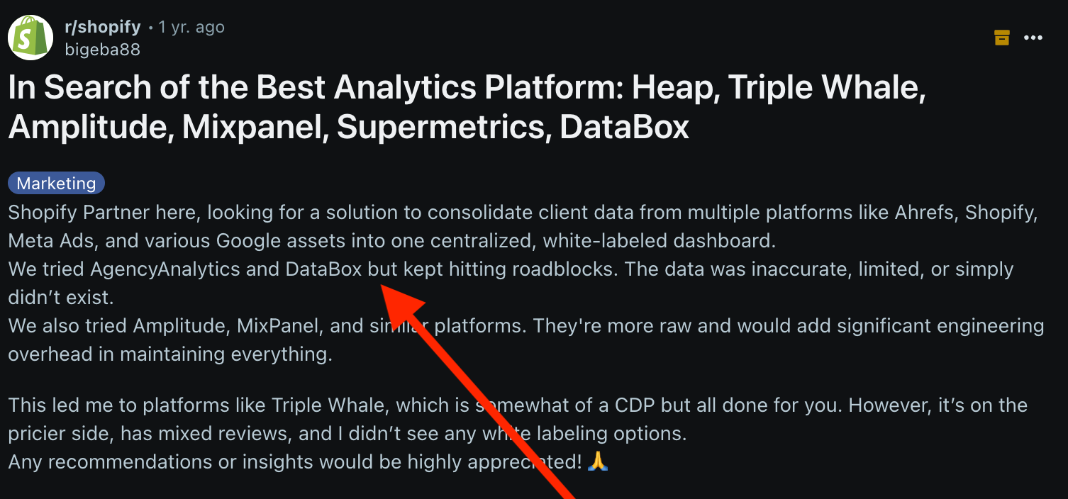 Databox Negative Reddit Review - Reddit post about negative experiences with Databox