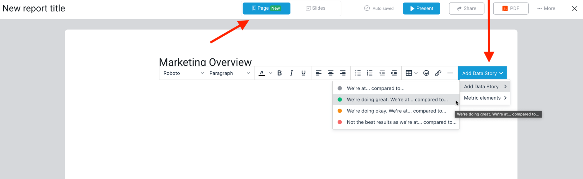 Databox Pages View - A screenshot showing a report editor with editing options and a data story dropdown menu.