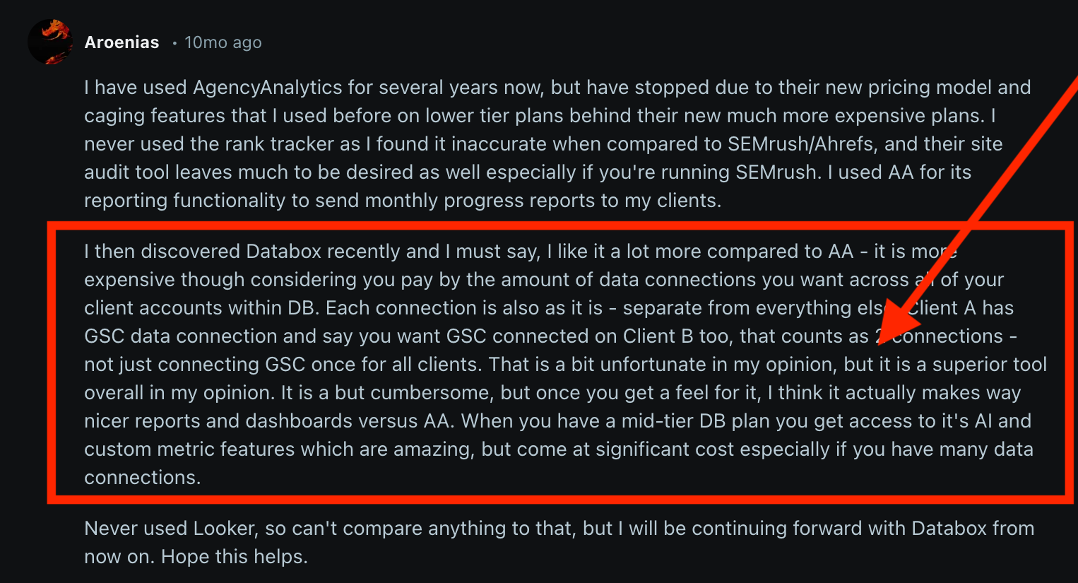 Datababox Reddit Review - Screenshot of a user review of Databox, highlighting its features.
