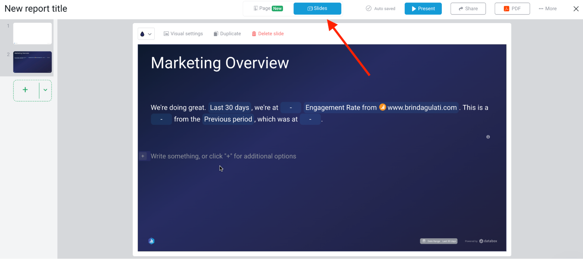 Databox Slide Decks - Presentation interface showing 